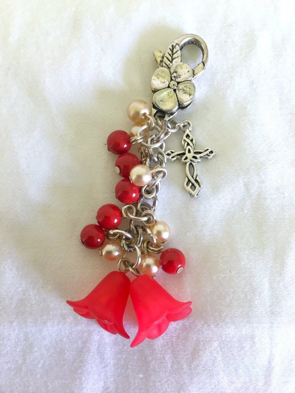 Red Floral Beaded Purse Charm with Cross & Pearl Accents